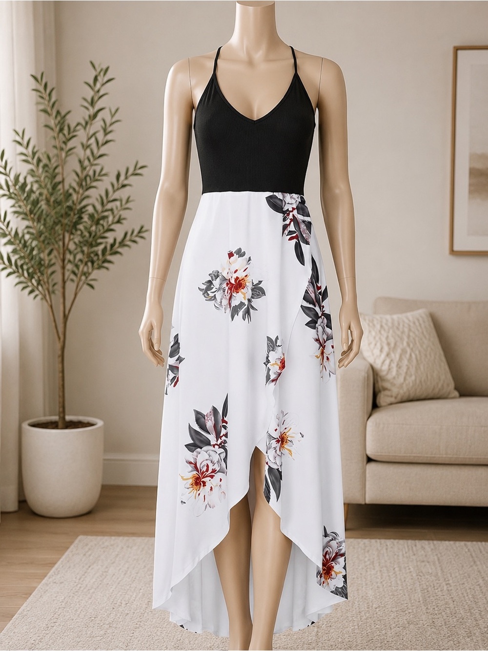 🆕 Black & White Floral High-Low Maxi Dress